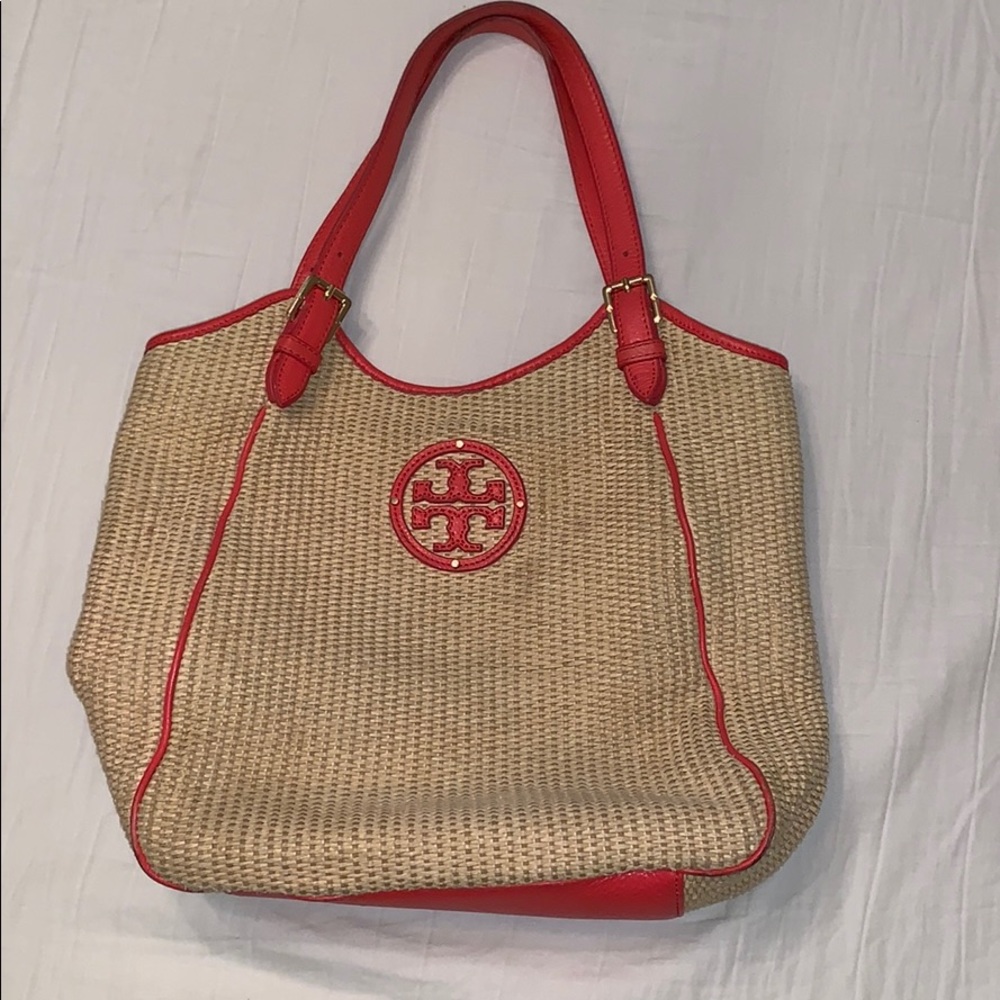Tory Burch straw purse with coral trim